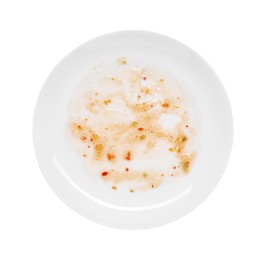 Photo of Dirty plate with smeared sauce on white background, top view