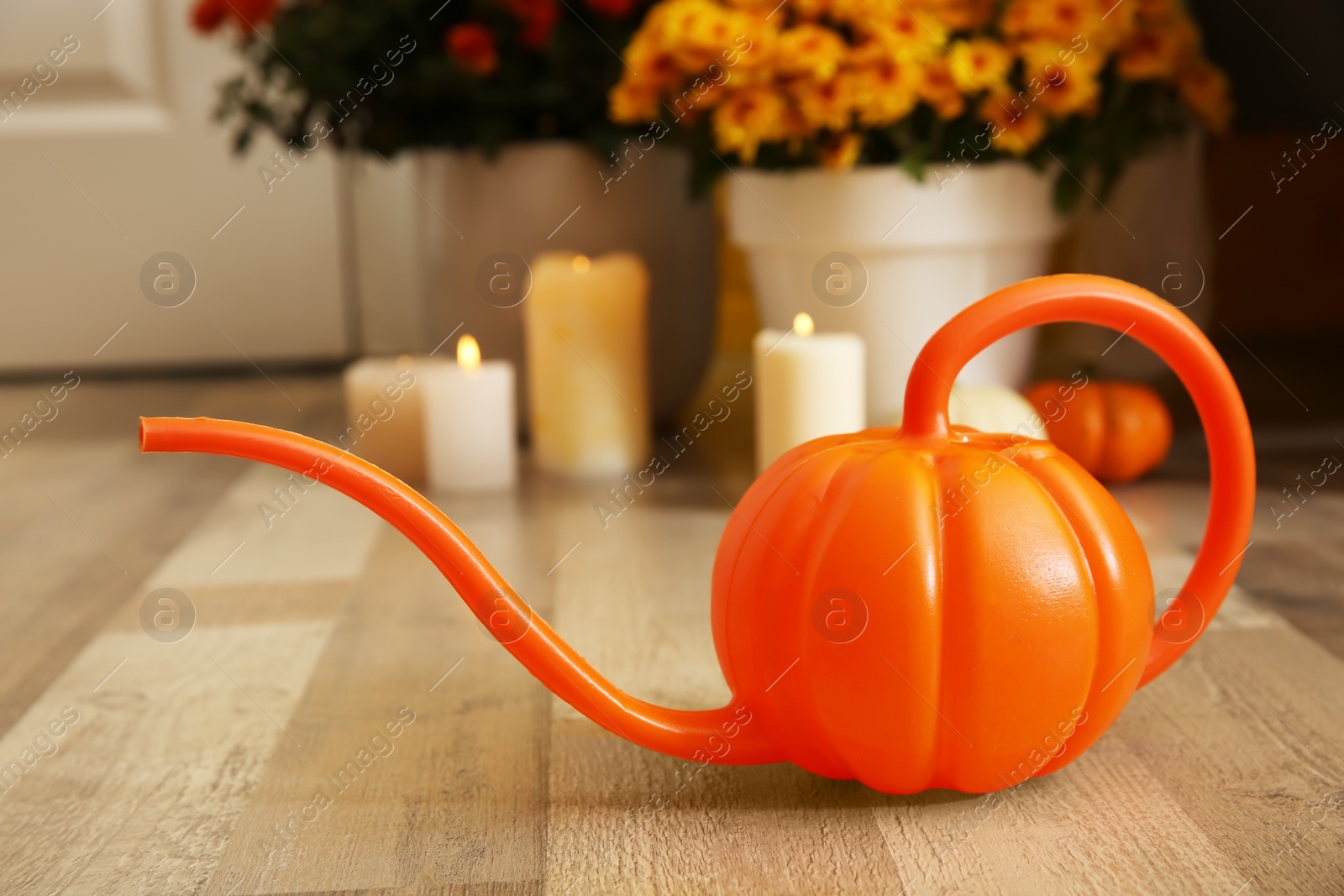 Photo of Pumpkin shaped watering can on floor in room. Halloween decor