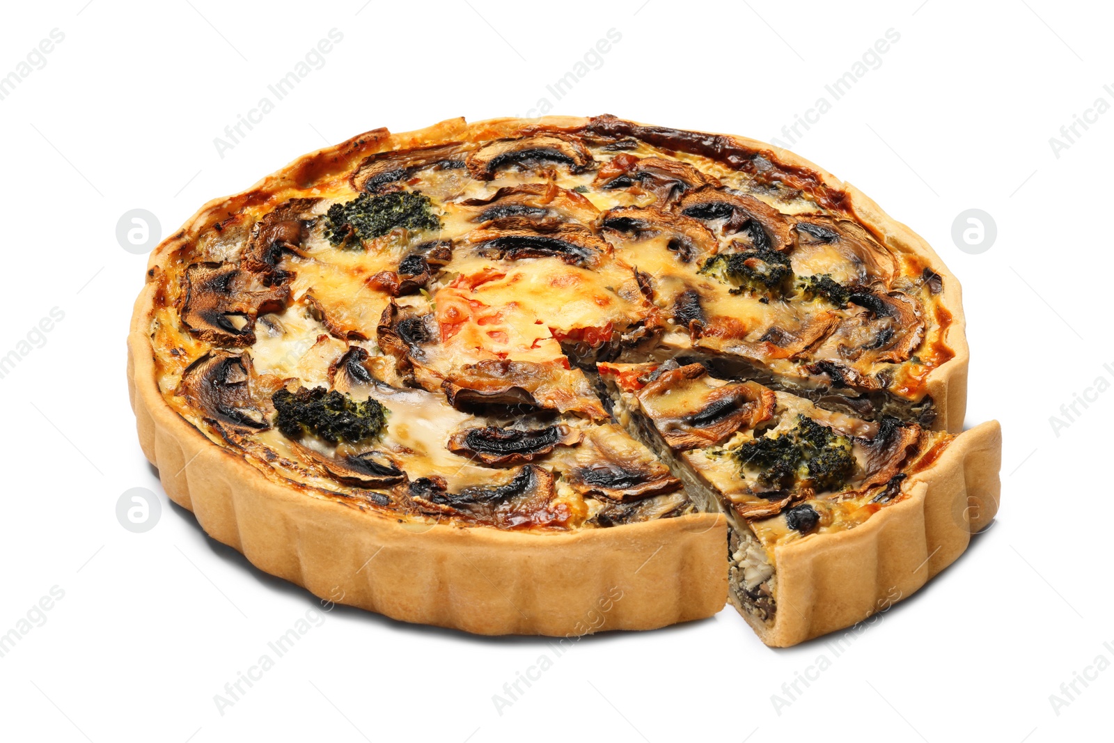 Photo of Delicious quiche with mushrooms isolated on white