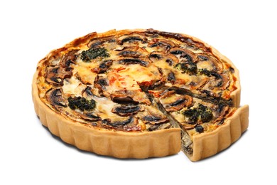 Photo of Delicious quiche with mushrooms isolated on white