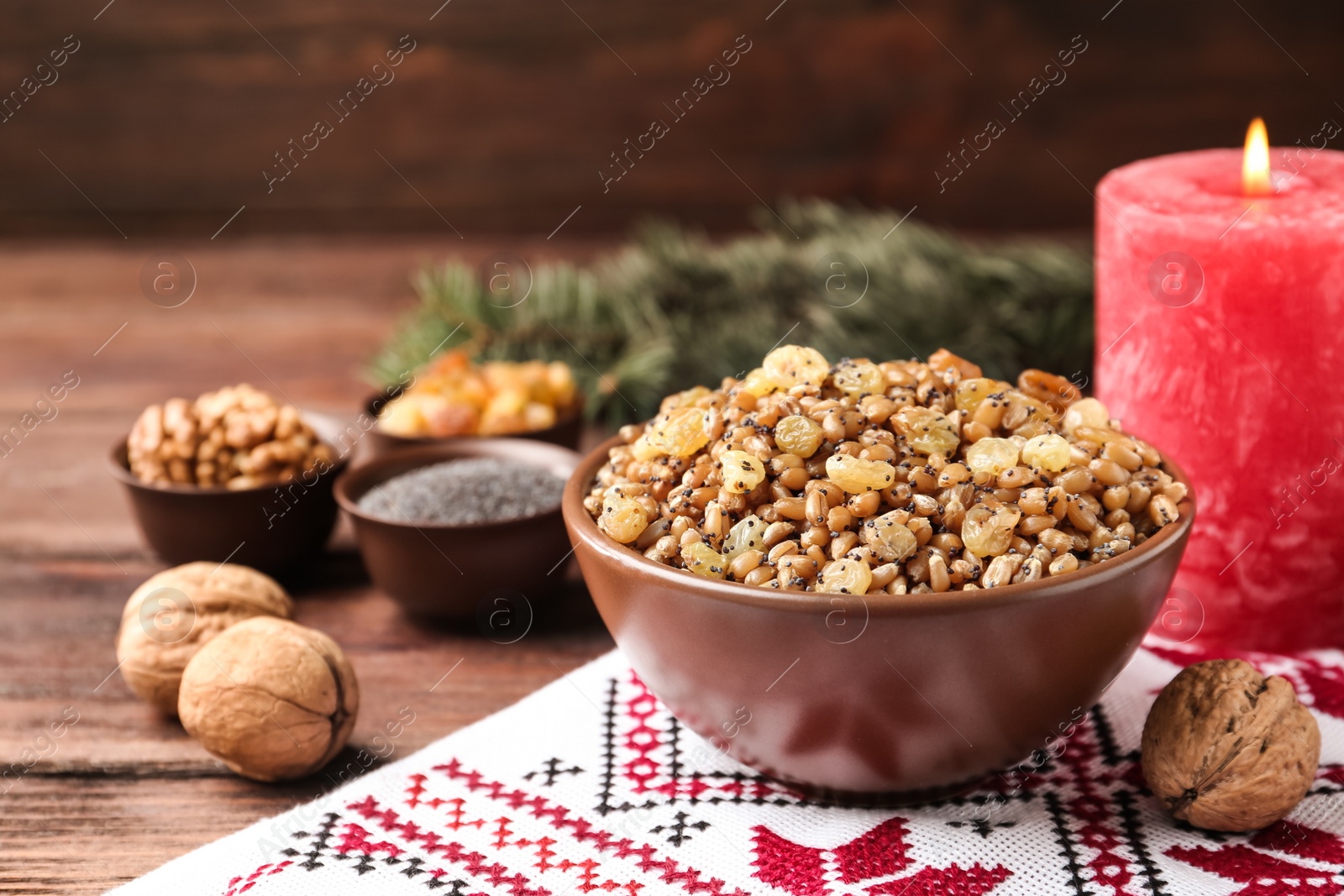 Photo of Traditional Christmas slavic dish kutia served on table. Space for text