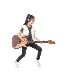 Emotional little girl playing guitar, isolated on white