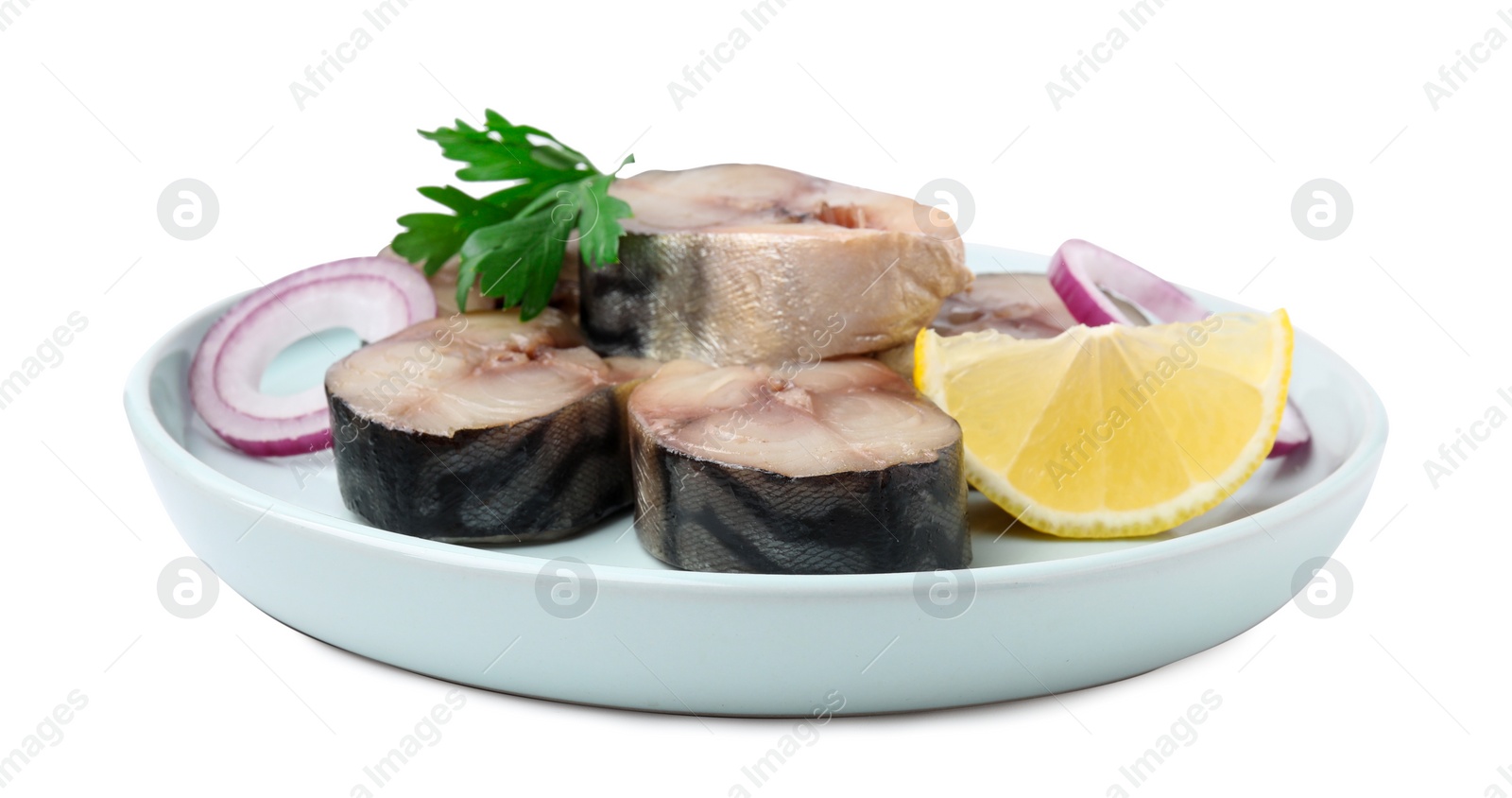 Photo of Slices of tasty salted mackerel with lemon wedge, onion rings and parsley isolated on white