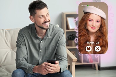 Smiling man looking for partner via dating site indoors. Profile photo of woman, information and icons