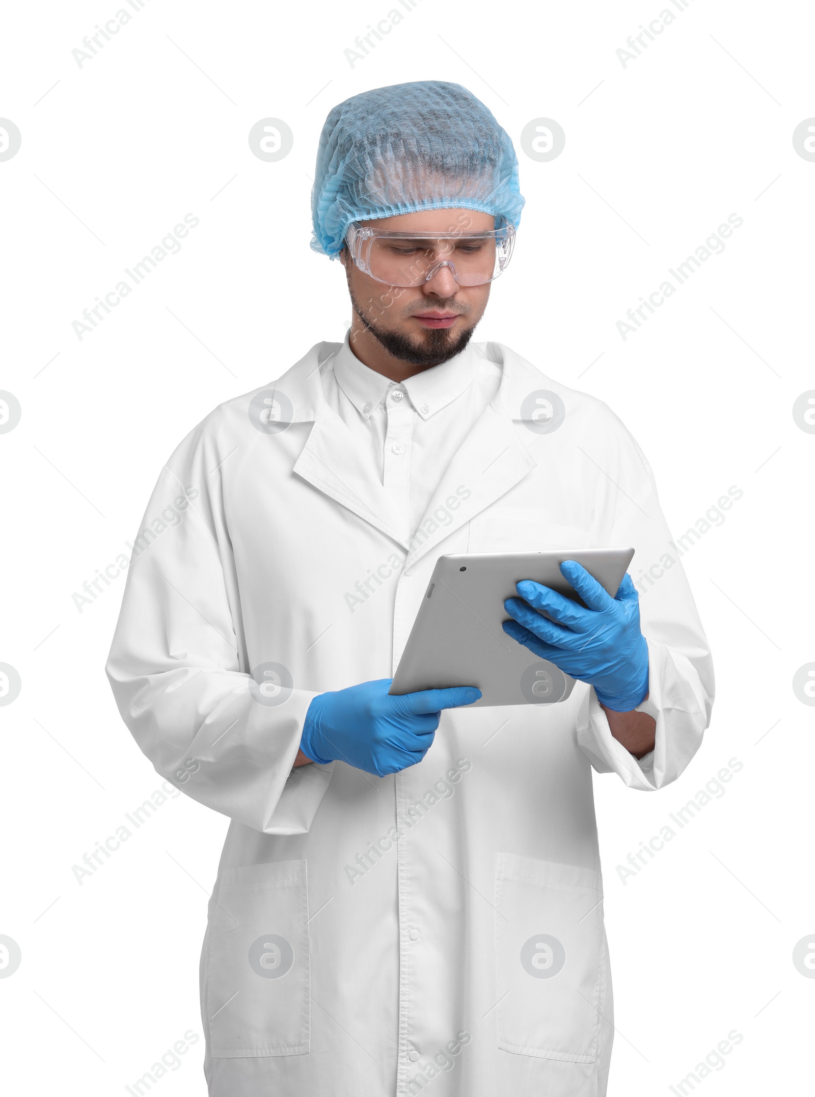 Photo of Quality control. Food inspector with tablet on white background