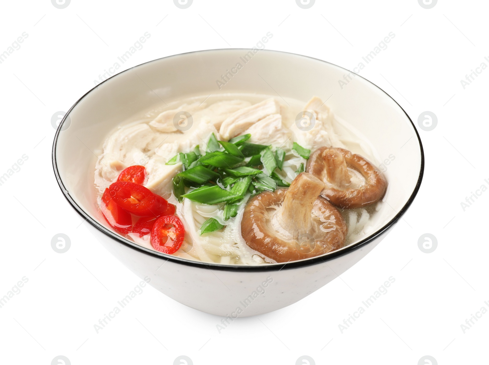 Photo of Delicious ramen with meat and mushrooms in bowl isolated on white. Noodle soup