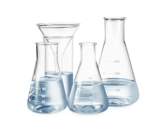 Image of Different laboratory glassware with water isolated on white