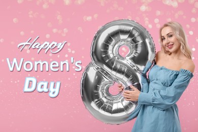Happy Women's Day - March 8. Attractive lady holding foil balloon in shape of number 8 on pink background