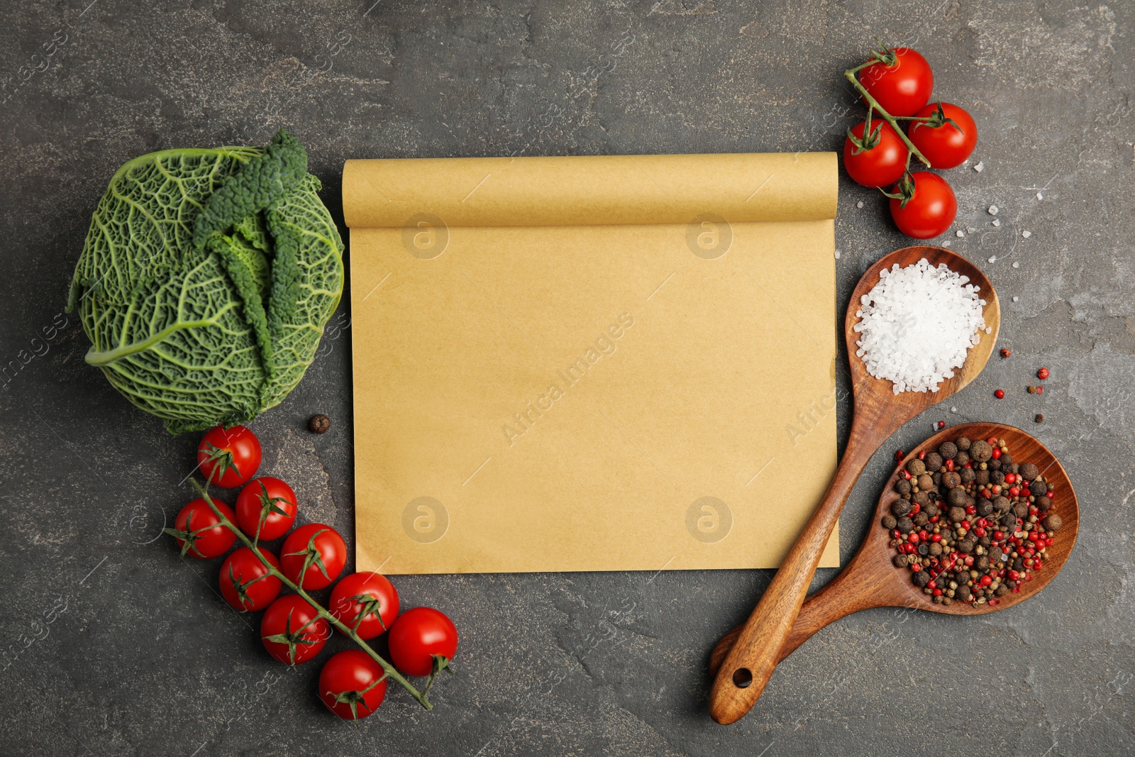 Photo of Blank sheet of paper and different fresh products on grey table, flat lay with space for text. Cooking Classes