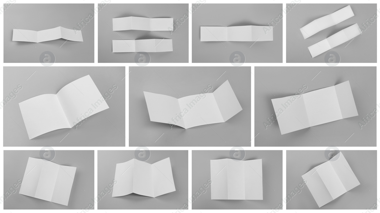 Image of Open blank brochures on grey background, collage. Banner design