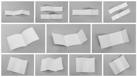 Open blank brochures on grey background, collage. Banner design