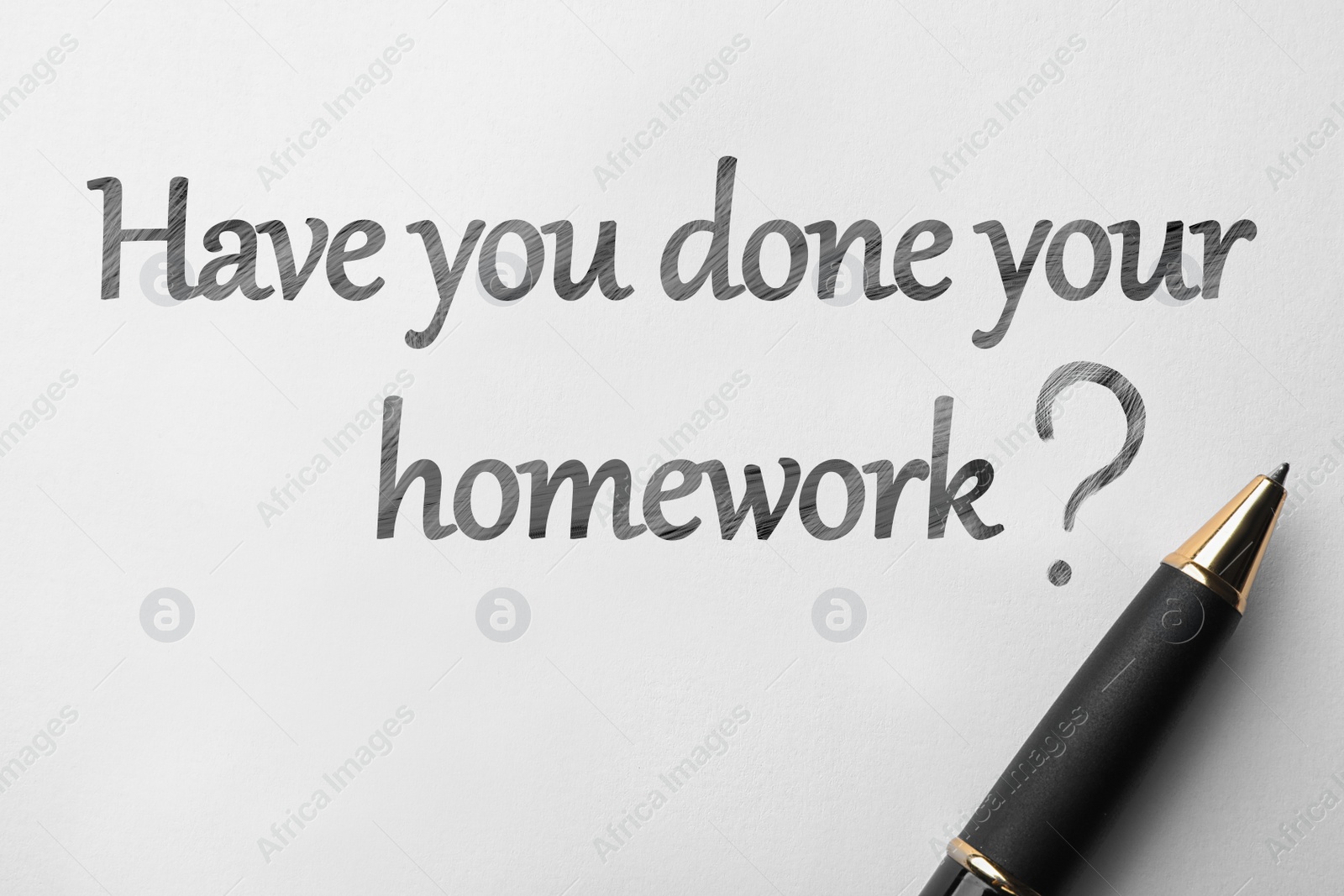 Image of Pen and phrase HAVE YOU DONE YOUR HOMEWORK? on white background, top view 