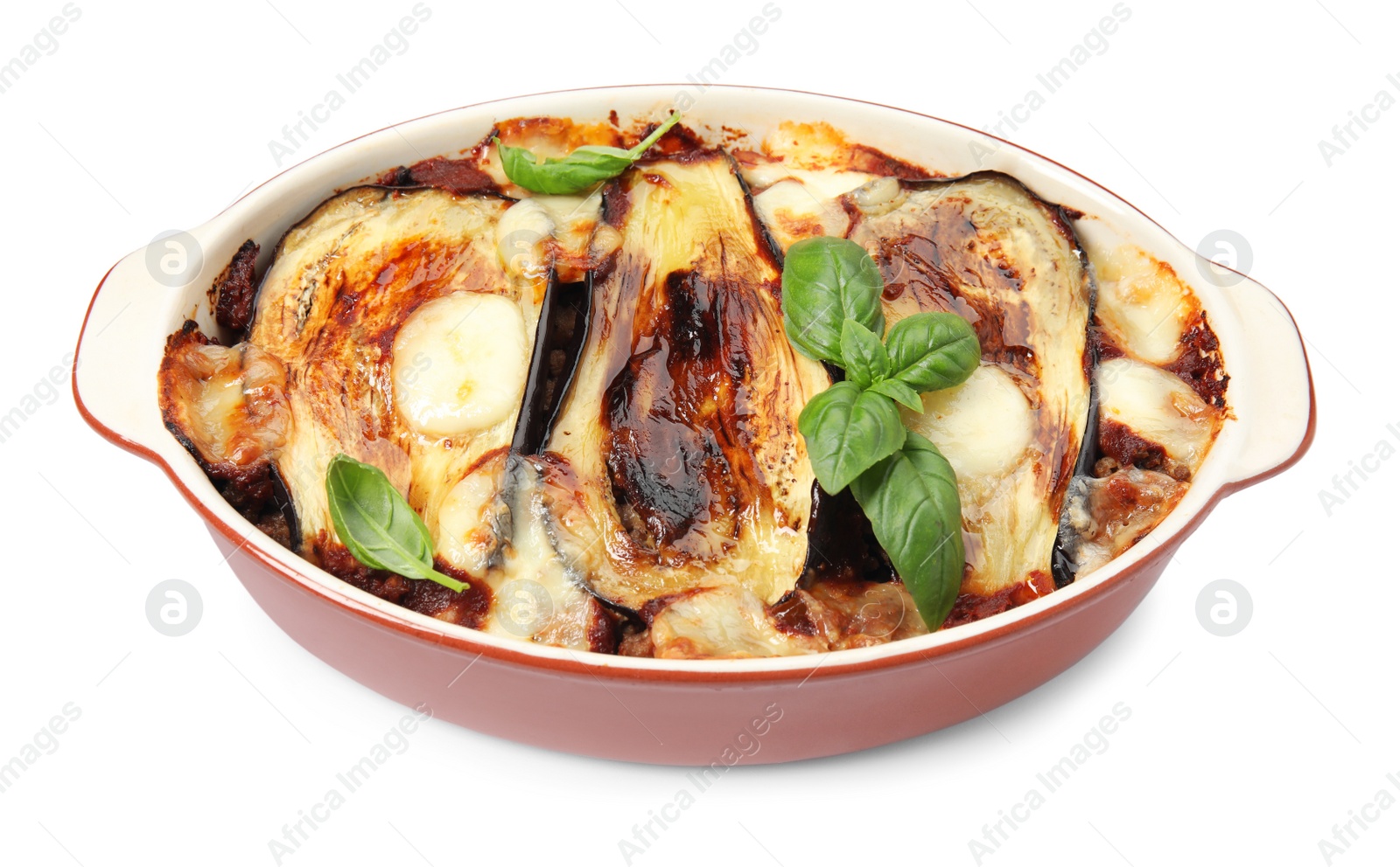 Photo of Delicious eggplant lasagna in baking dish isolated on white