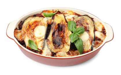 Photo of Delicious eggplant lasagna in baking dish isolated on white