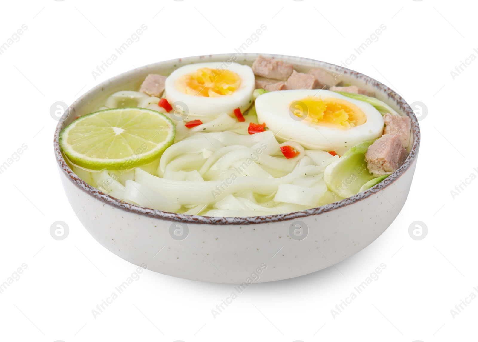 Photo of Bowl of delicious rice noodle soup with meat and egg isolated on white