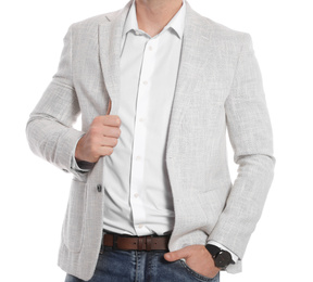 Photo of Businessman in jacket posing on white background, closeup