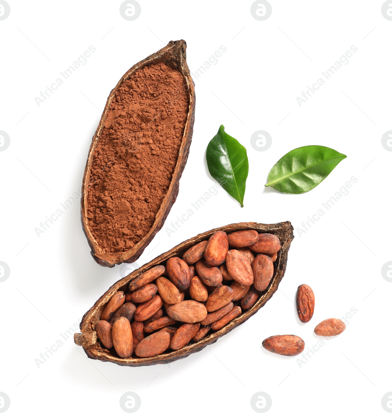 Photo of Composition with cocoa products on white background, top view