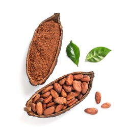 Photo of Composition with cocoa products on white background, top view