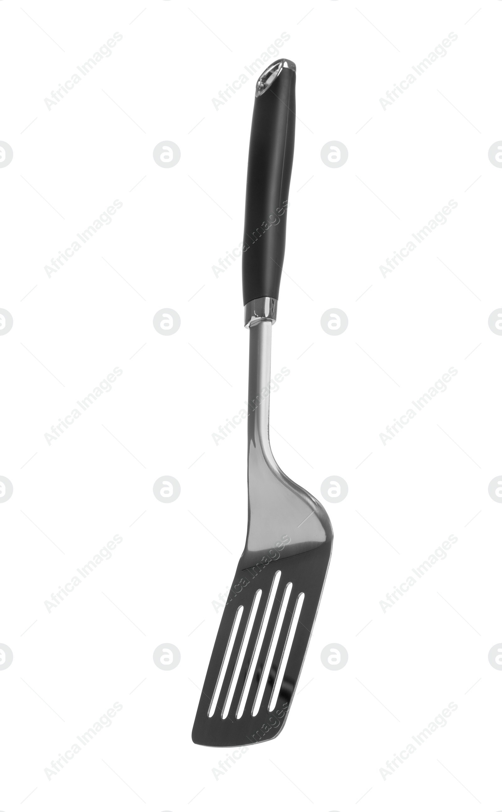 Photo of One metal spatula with black handle isolated on white