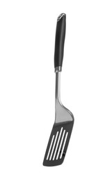 Photo of One metal spatula with black handle isolated on white