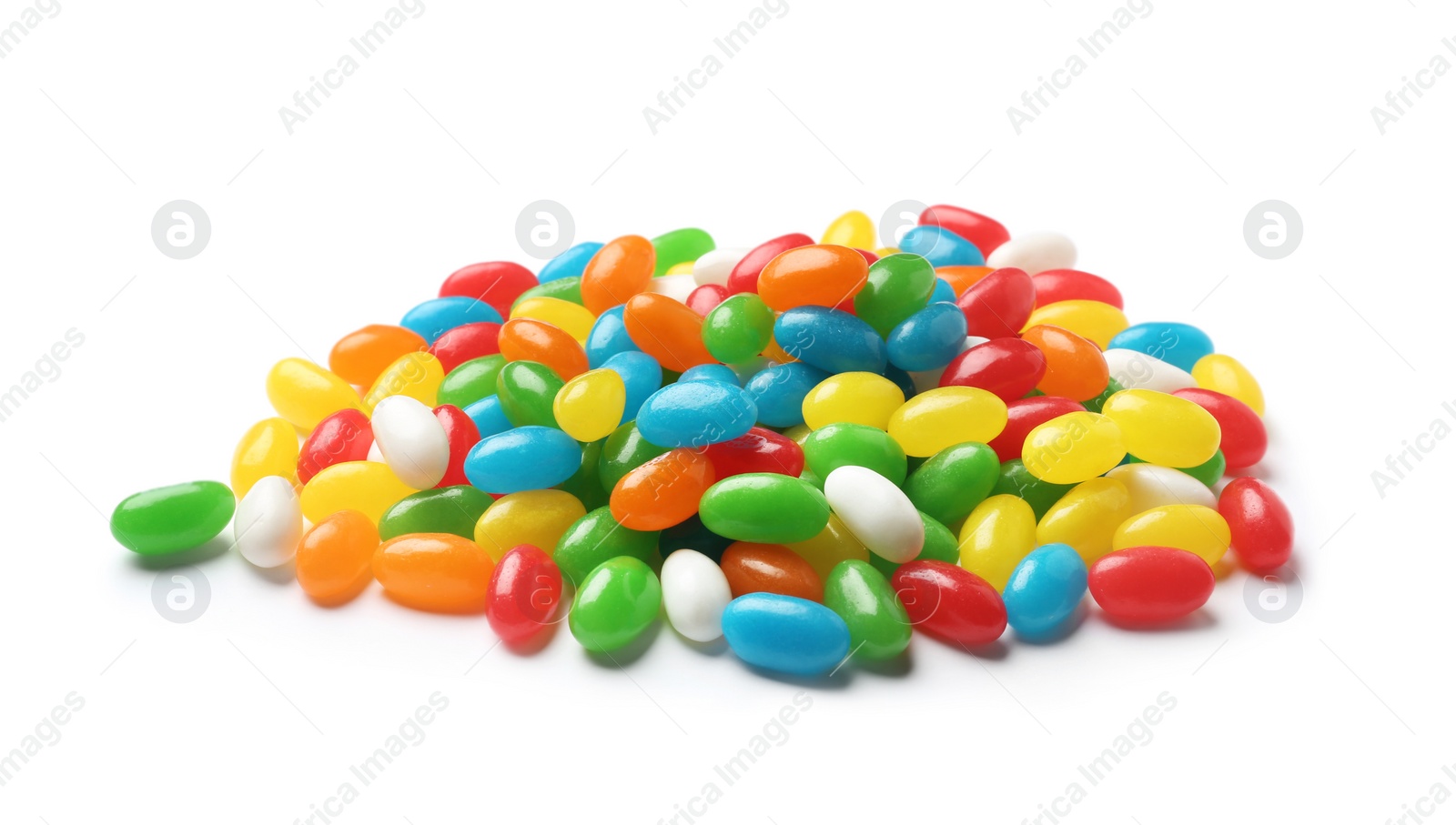 Photo of Pile of tasty bright jelly beans isolated on white