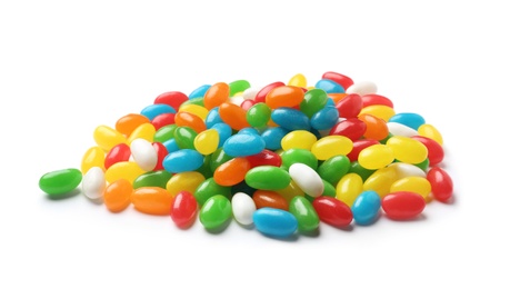 Photo of Pile of tasty bright jelly beans isolated on white