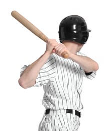 Photo of Baseball player taking swing with bat on white background, back view