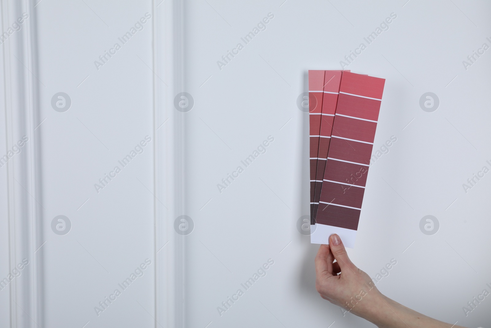 Photo of Woman with paint chips choosing color near white wall, closeup. Interior design