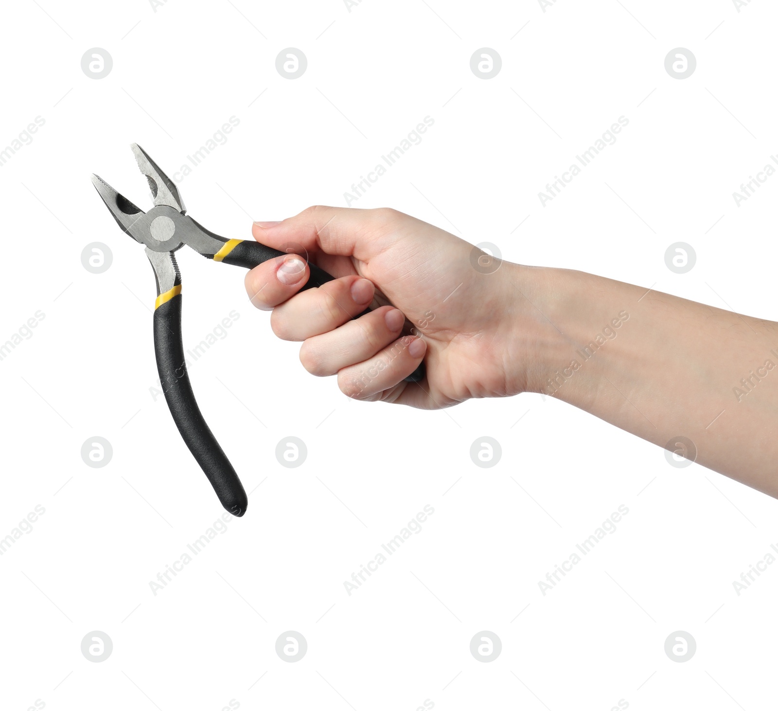 Photo of Woman holding combination pliers isolated on white, closeup