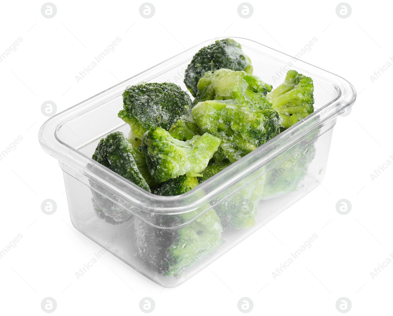 Photo of Frozen broccoli florets in plastic container isolated on white. Vegetable preservation