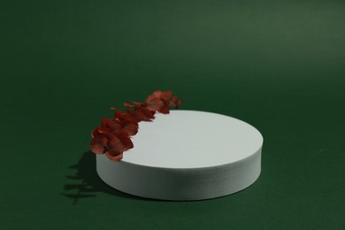 Photo of Product photography prop. Round shaped podium with plant on green background