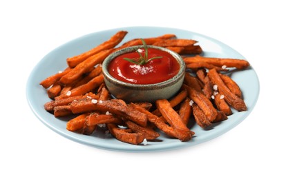 Plate with delicious sweet potato fries and sauce on white background