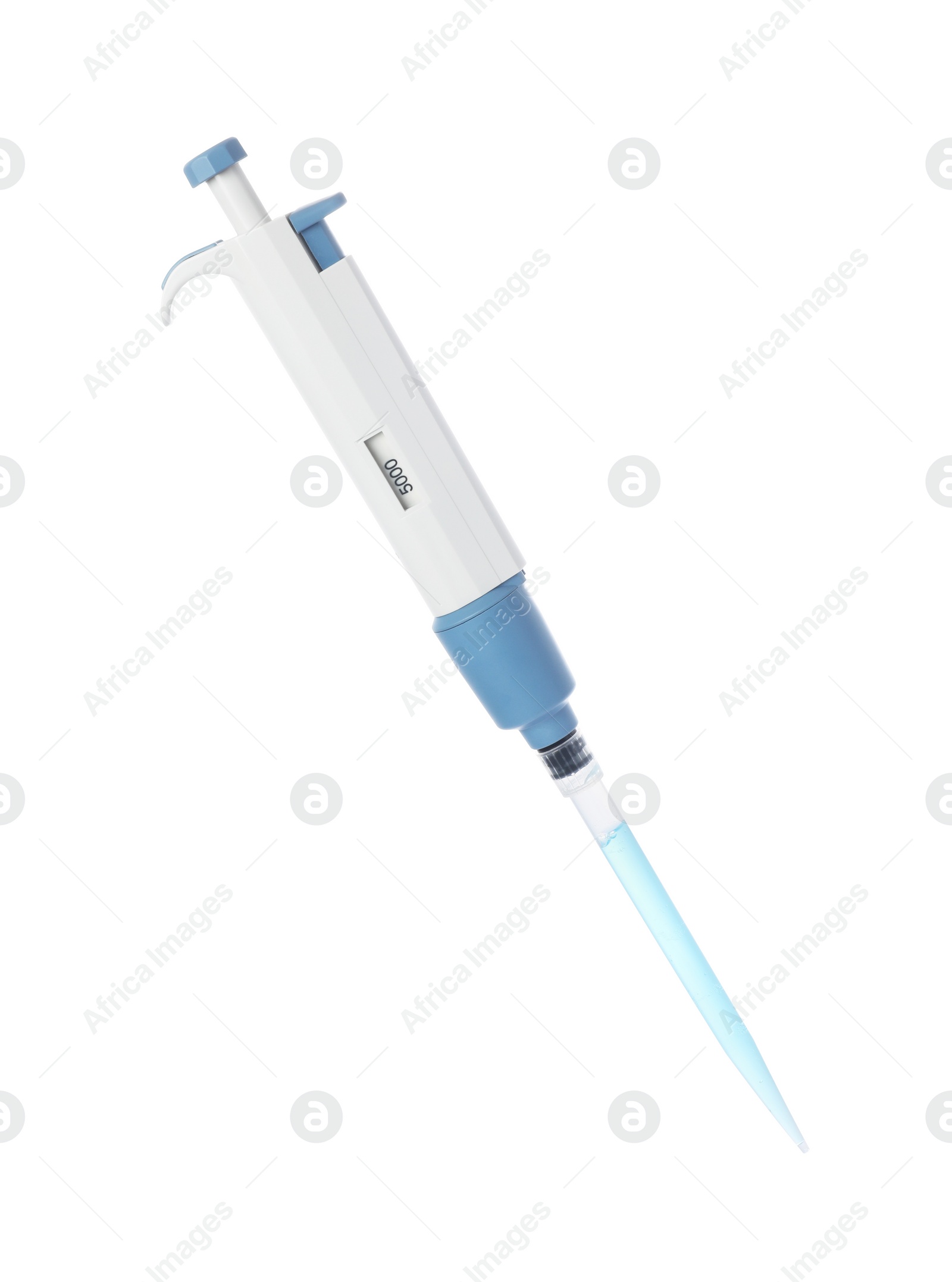 Photo of Laboratory analysis. Micropipette with liquid isolated on white