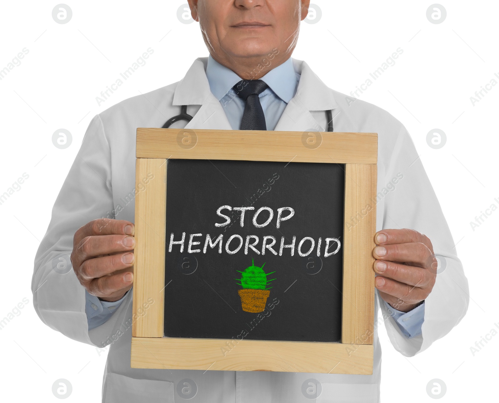 Image of Doctor holding blackboard with phrase STOP HEMORRHOID on white background, closeup