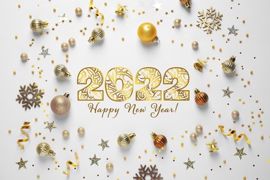 Image of Happy New 2022 Year! Flat lay composition with decorations on white background