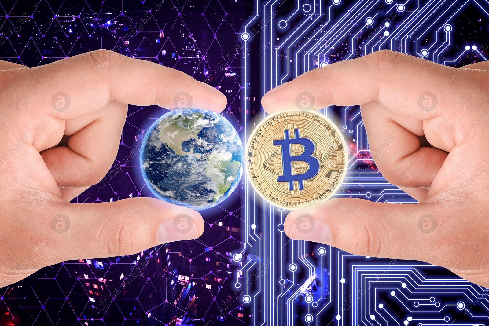Image of World cryptocurrency. Man holding bitcoin and globe against digital scheme and blurred cityscape