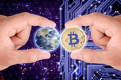 Image of World cryptocurrency. Man holding bitcoin and globe against digital scheme and blurred cityscape