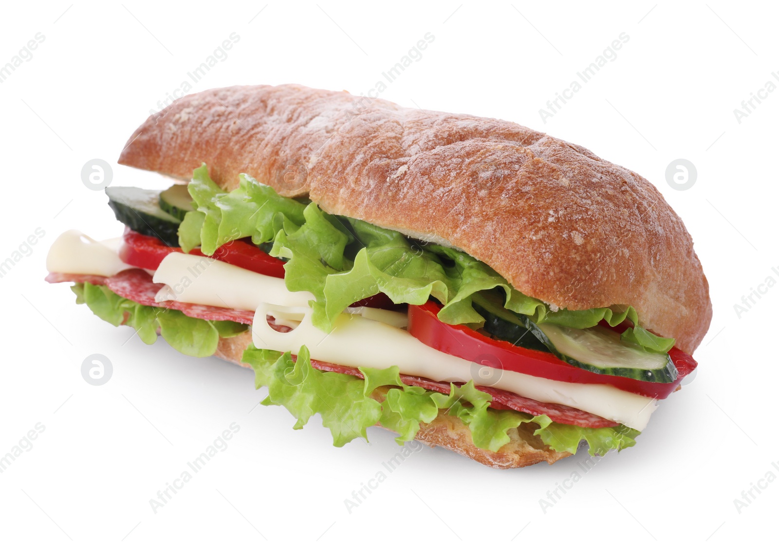 Photo of Delicious sandwich with fresh vegetables, cheese and salami isolated on white