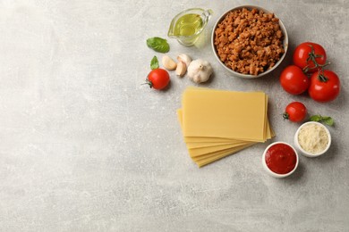 Photo of Flat lay composition with products for cooking lasagna on grey textured table. Space for text