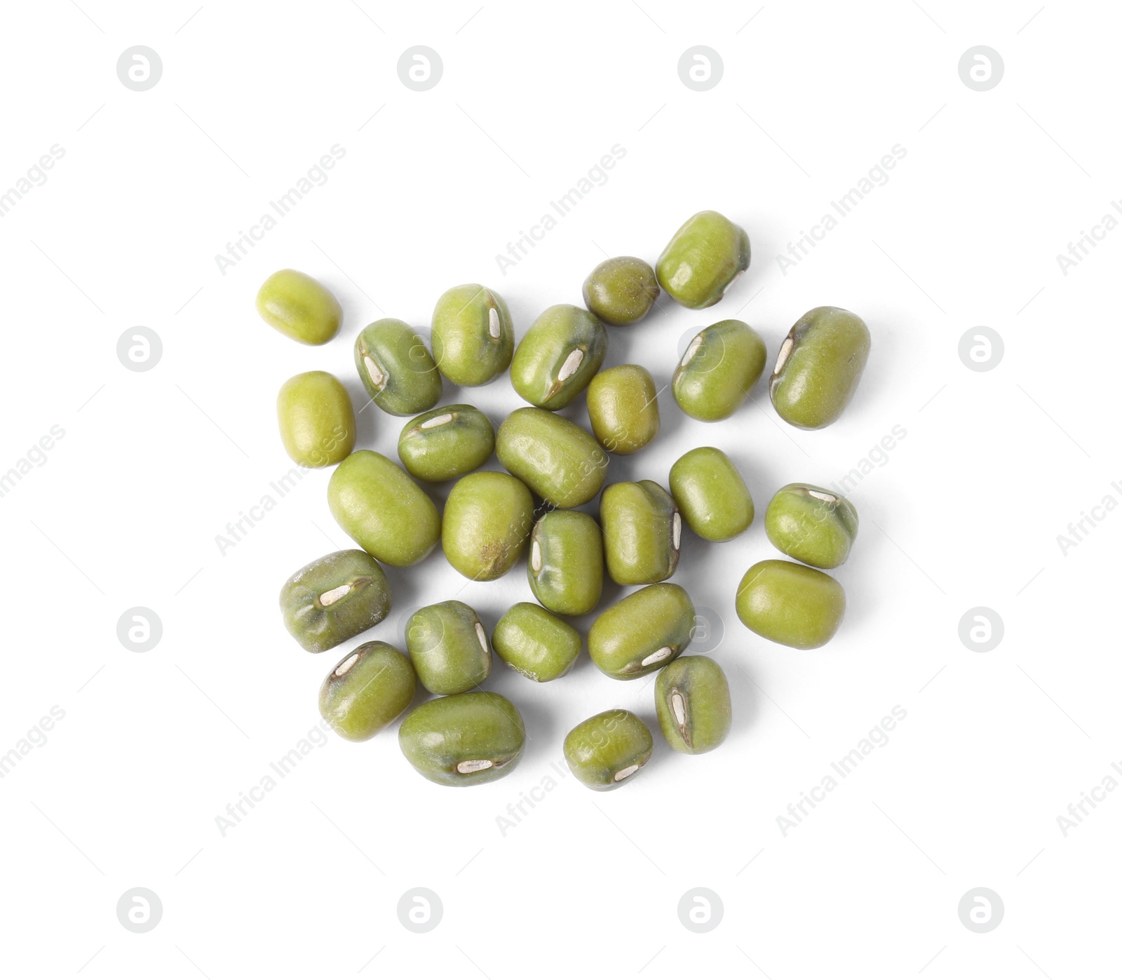 Photo of Green mung beans on white background, top view. Organic grains