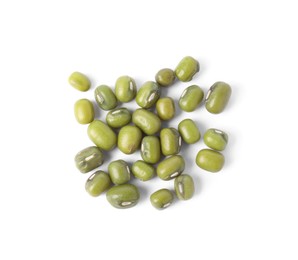 Photo of Green mung beans on white background, top view. Organic grains