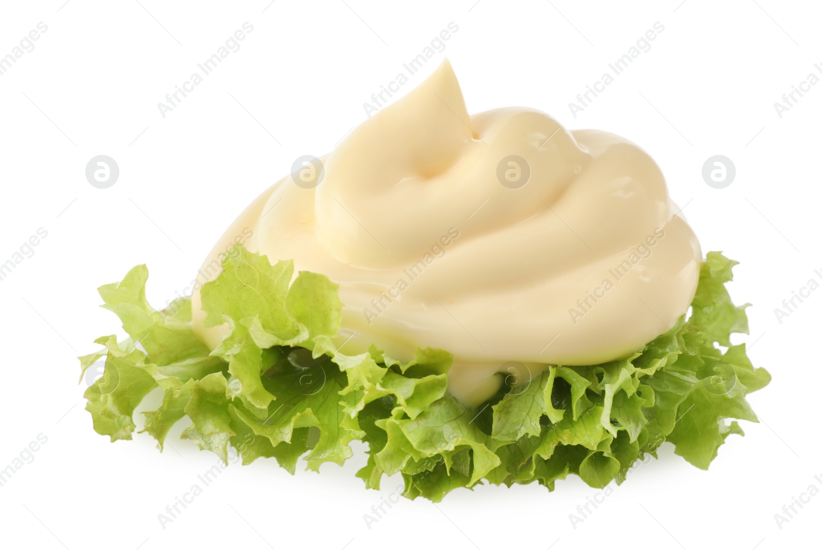 Photo of Tasty mayonnaise with lettuce isolated on white