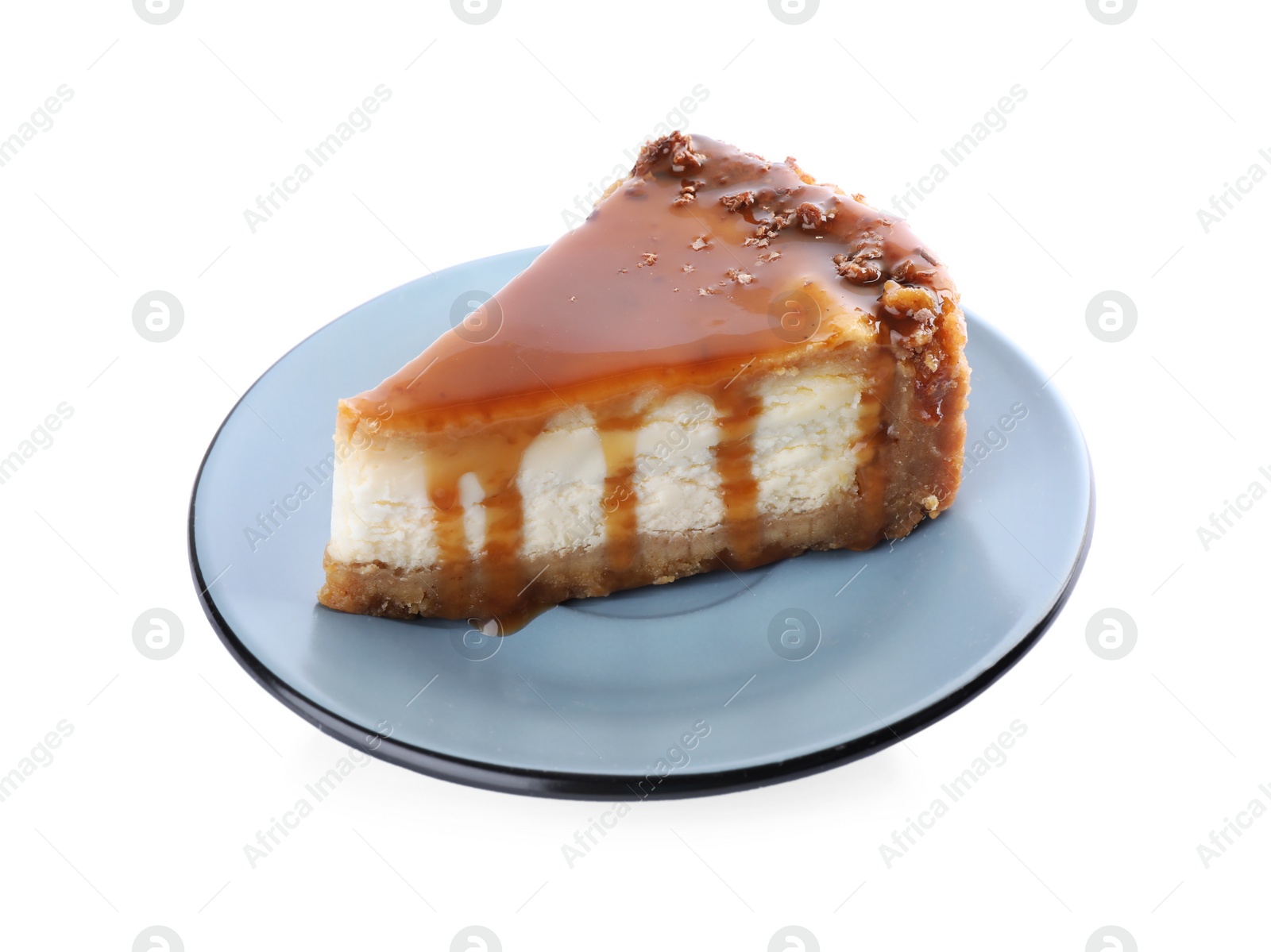 Photo of Piece of delicious cake with caramel isolated on white