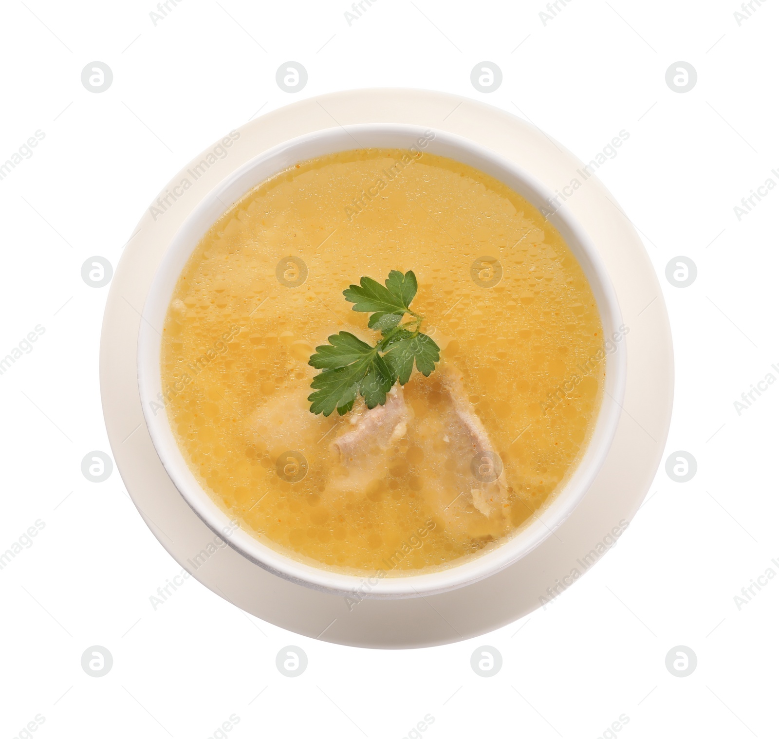 Photo of Delicious chicken soup with parsley isolated on white, top view