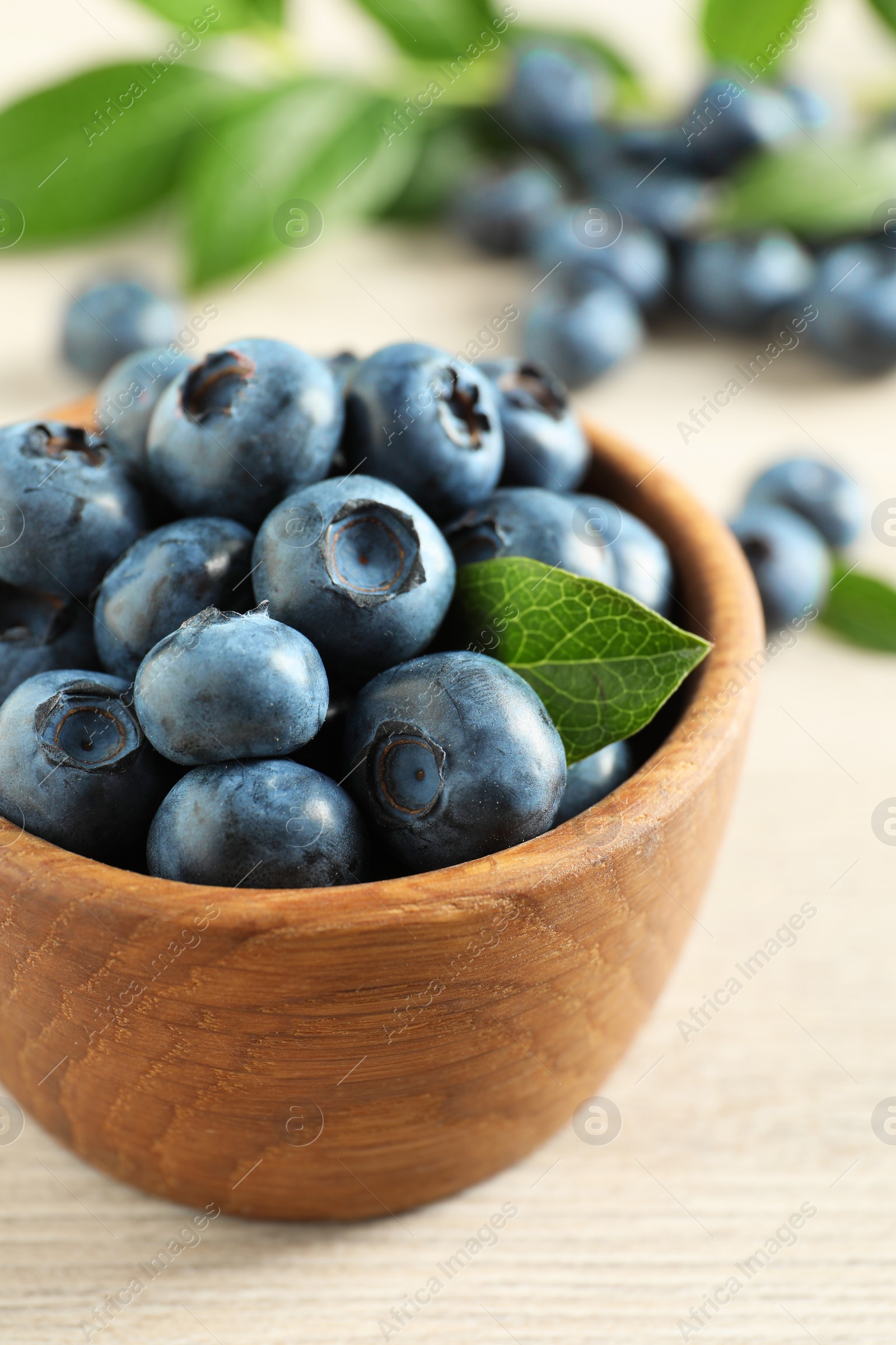 Photo of Bowl of fresh tasty blueberries on white wooden table, closeup