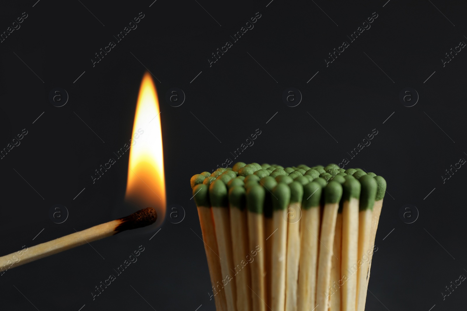 Photo of Burning match near unlit ones on dark background, closeup