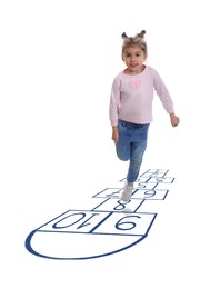 Image of Cute little girl playing hopscotch on white background