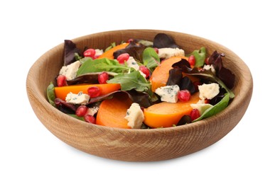 Photo of Bowl with delicious persimmon salad on white background