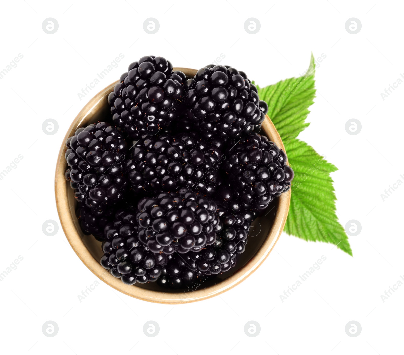 Photo of Bowl of ripe blackberries and green leaves isolated on white, top view