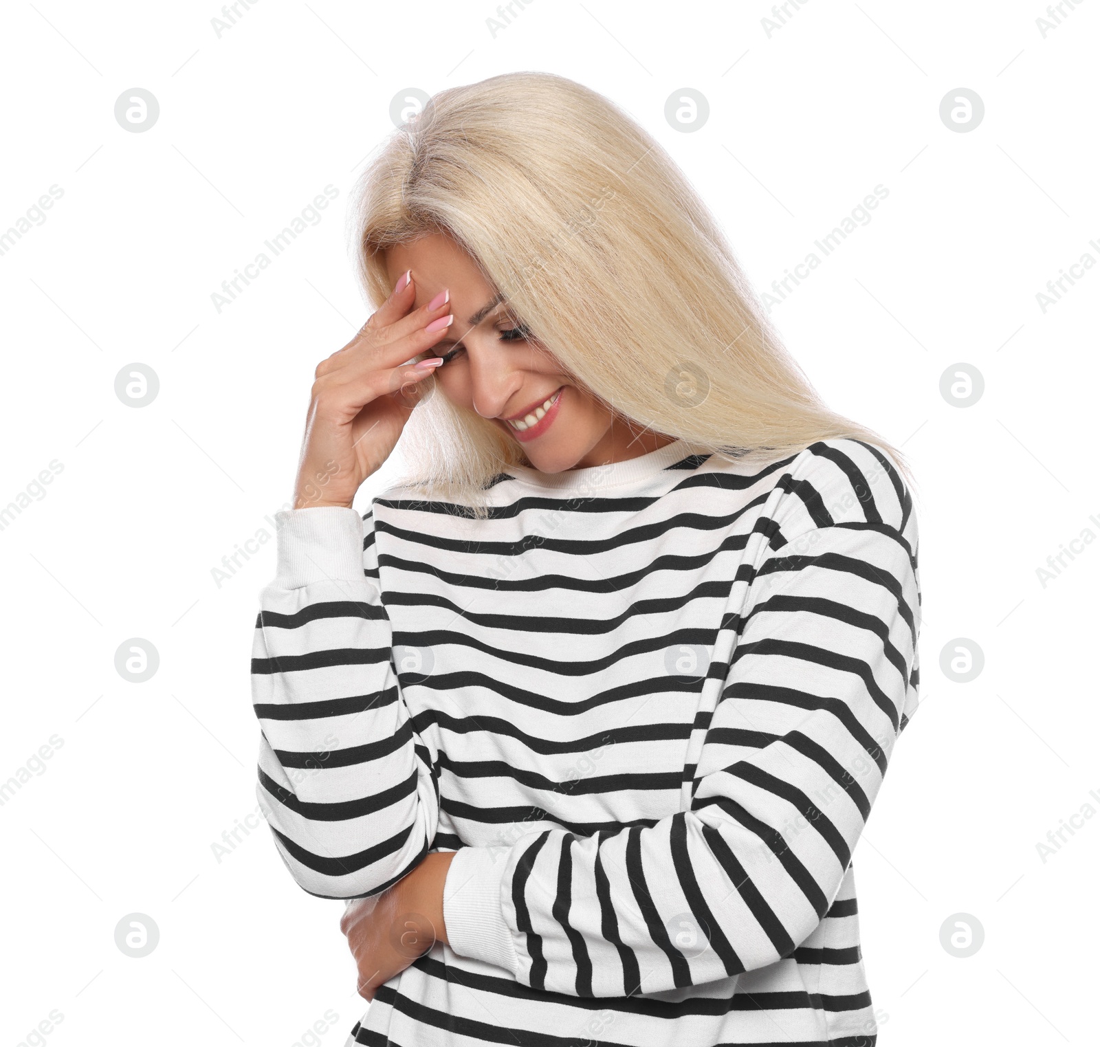 Photo of Embarrassed woman in striped sweater on white background